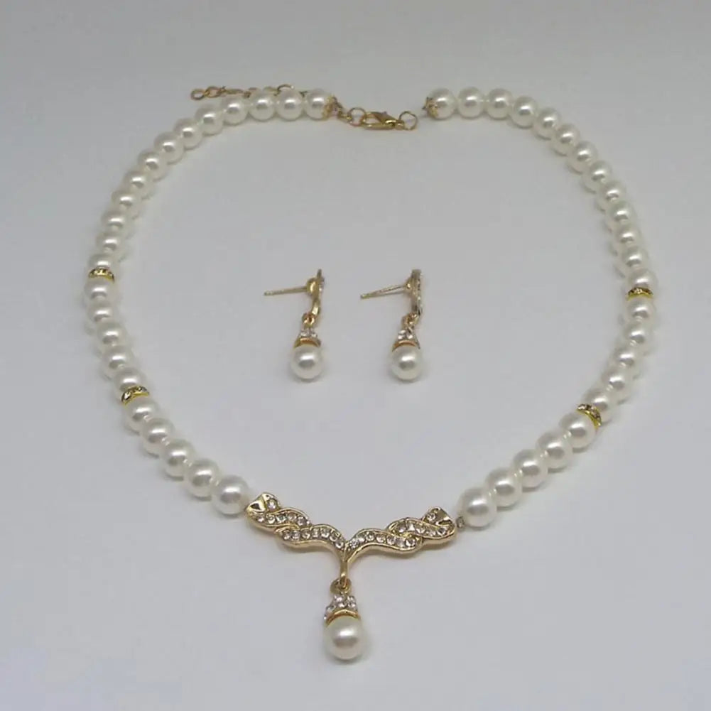 Necklace Earrings Women Jewelry Set Faux Pearl Bridal Wedding Alloy Party Studs Necklace Earrings Set Gifts