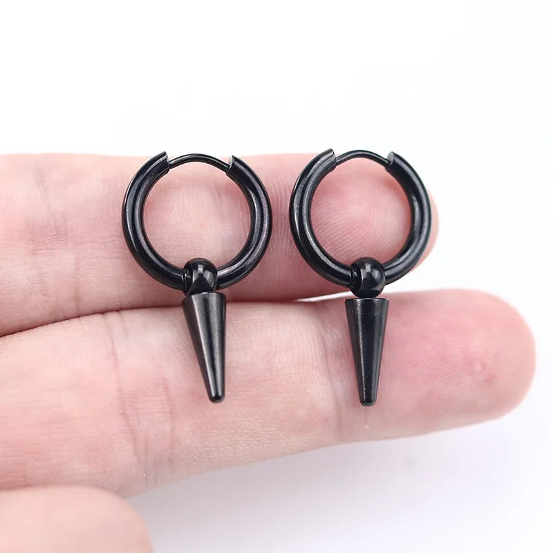 Rock Cone Pendant Hoop Earrings Women Men Stainless Steel Geometric Cartilage Single Earring Hip Hop Piercing Jewelry