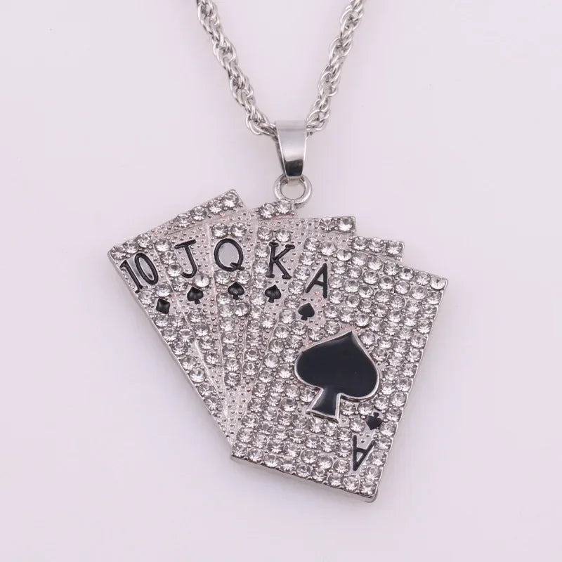 Hip-Hop Iced Out Spades Playing Card Necklace Men\'s Personalized Street Hip-Hop Rock Trend Jewelry Cool Luck Necklace