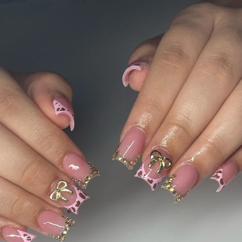 24pcs French Fake Nails with Glue Animal Print False Nails Short Square Press on Nails Diamond Cross Nail Press Ons Sweet Cool