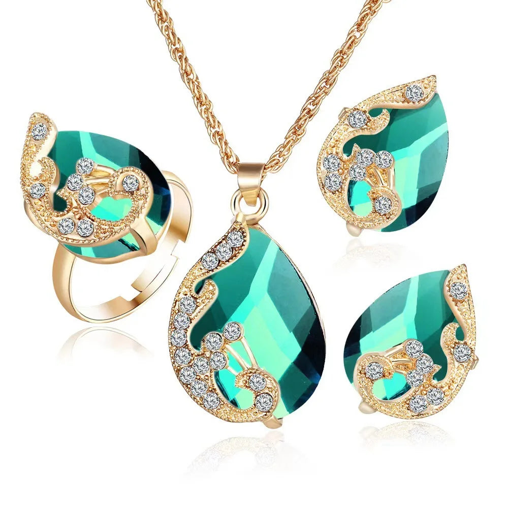 4PCS Trendy Water Droplets Peacock Jewelry Set Crystal Elegant Creative Series Peacock Exquisite Crystal Korean Edition Jewelry