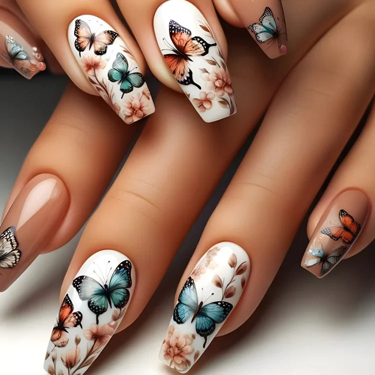 24Pcs Sweet Cool Coffin Fake Nails Butterfly Flower Acrylic Nail Glitter Glossy False Nail Full Cover Autumn Press on Nails Tips