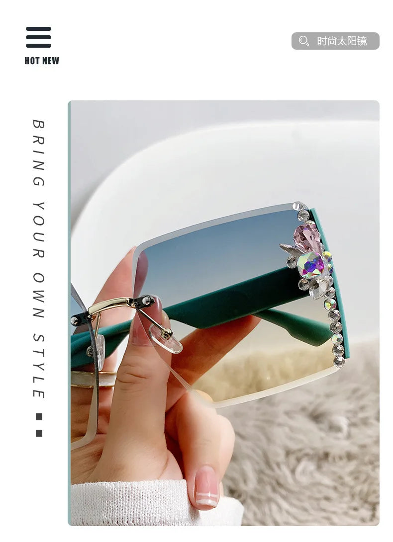 Fashion Oversized Square Sunglasses Women Luxury Brand Vintage Rimless Sun Glasses Diamond Decoration Eyeglasses UV400 Gafas