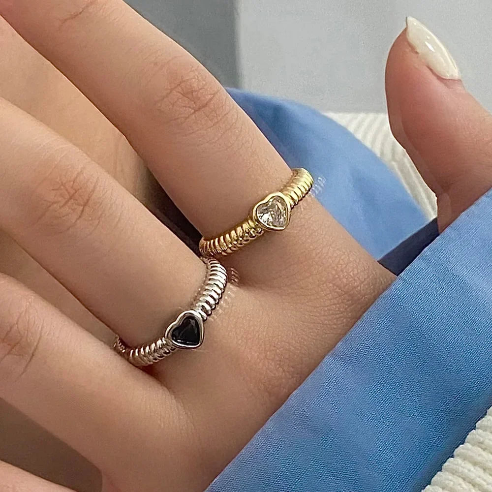 Silver Colorful Zircon Heart Rings for Women Cute Fine Jewelry Minimalist Adjustable Accessories Gift