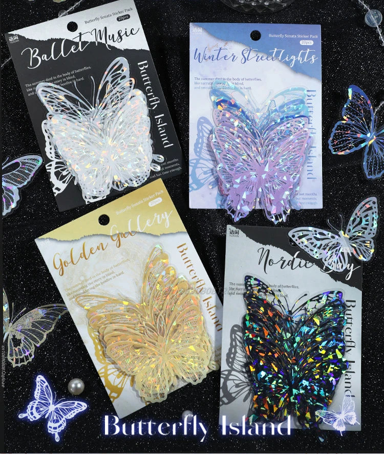 20pcs PET Butterfly Transparent Silver Color Stickers, Holographic Laser Decals for Luggage Laptop Phone Case Mug Decoration