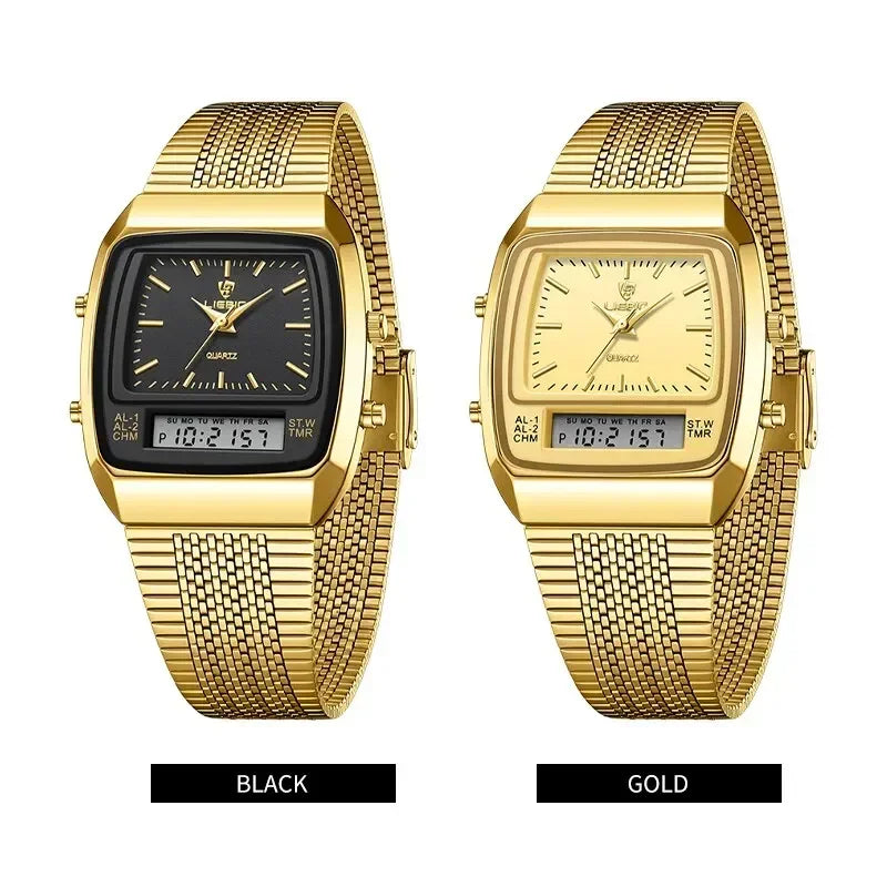 New Golden Steel Strap Quartz Sport Watch Mens Dual Time Week Display Digital Wristwatches Waterproof Clock Reloj Hombre