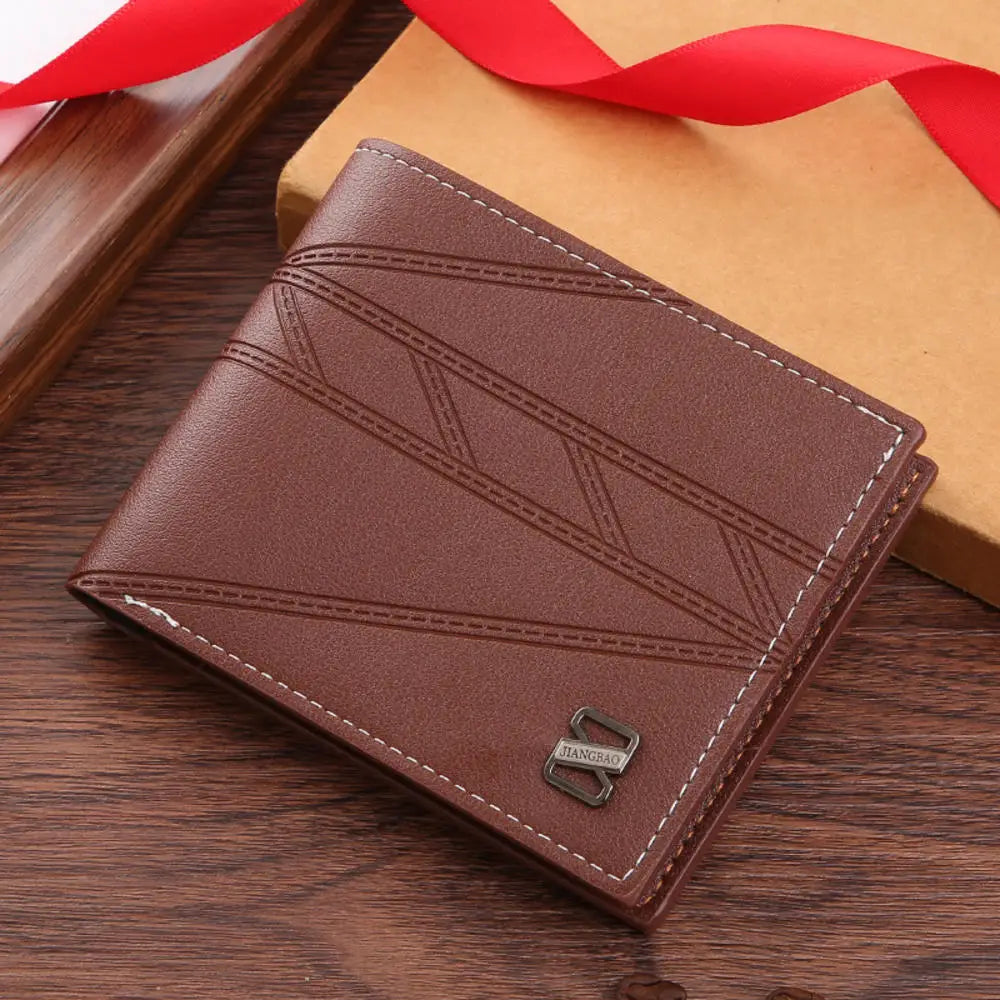 Lychee Texture PU Leather Men's Wallet Short Cash Purse Multi Card Slot Patchwork Card Holder Photo Holder Horizontal Money Clip