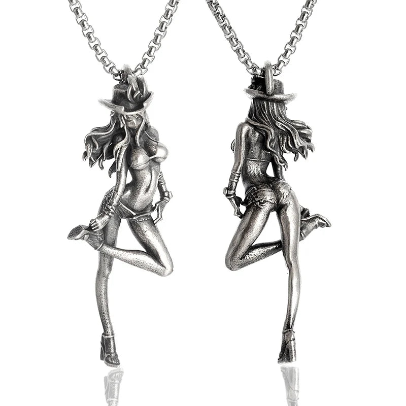 Silver-Plated Anime Mecha Beautiful Girl Girl Pendant Necklace Men and Women Hip-Hop Rock Punk Trendy Jewelry Gift