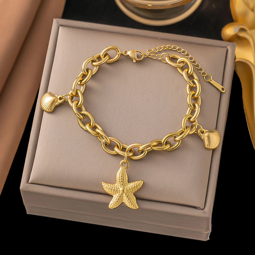 Vintage Starfish Shell Pearl Necklace For Women Gold Color Stainless Steel Pendant Shell Necklace Aesthetic  Summer Jewelry Gift