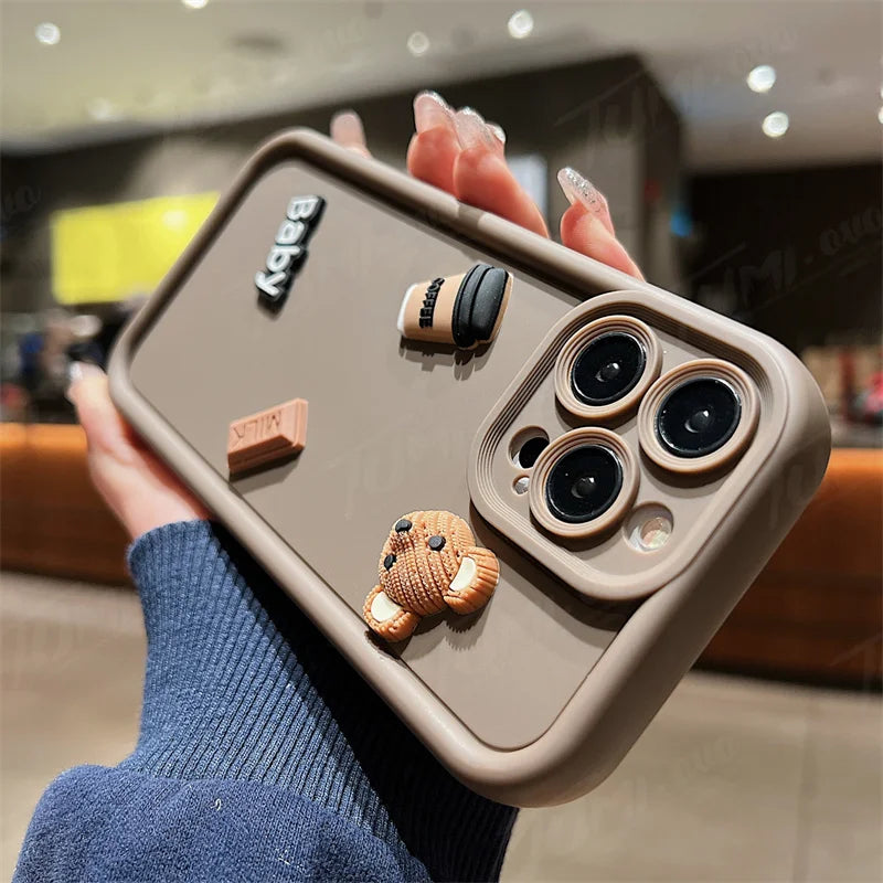 Coffee Bear Shockproof Soft Phone Case For iPhone 15 14 13 12 11 Pro Max X XR 7 8 Plus Candy Liquid Silicone Bumper Back Cover