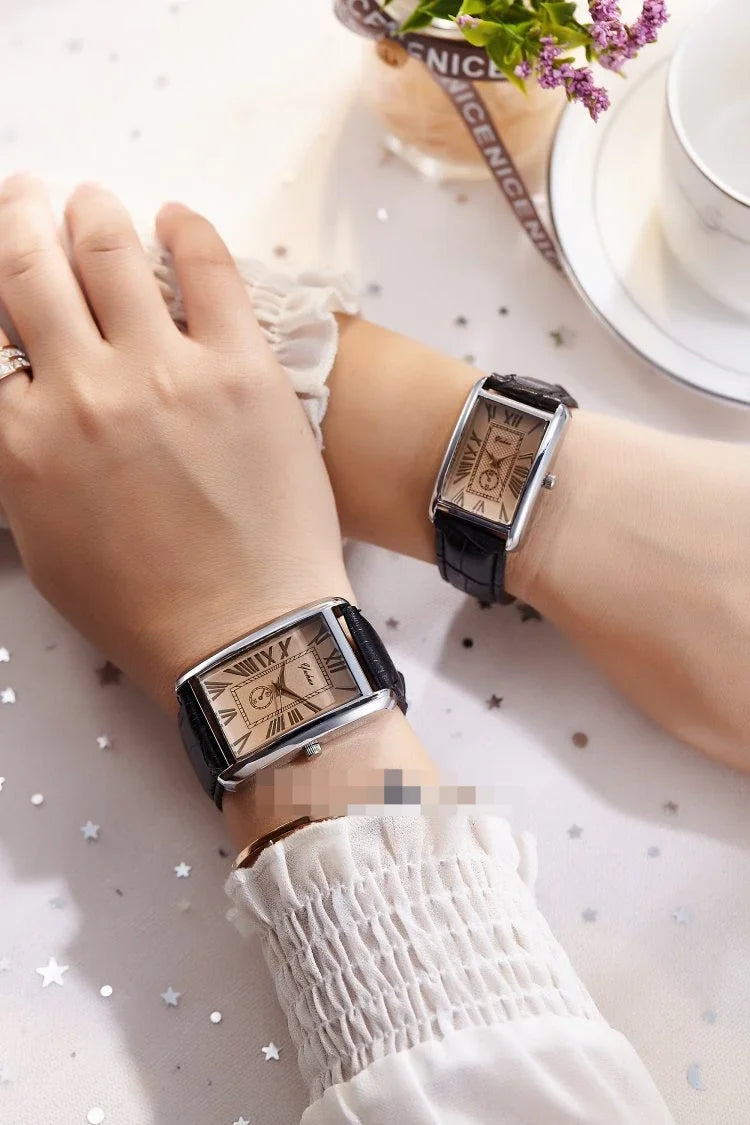 Couple Quartz Watch Luxury Rectangle Dial Women Men Leather Band Watches Luxury Gift Casual Wristwatch Relojes Para Mujer