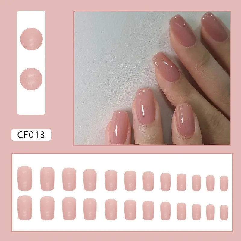 24pcs Suqare Head Press on Nails Cat Eye False Nails with Glue Simple French Nail Full Cover Glossry Nude Artificial Fake Nails