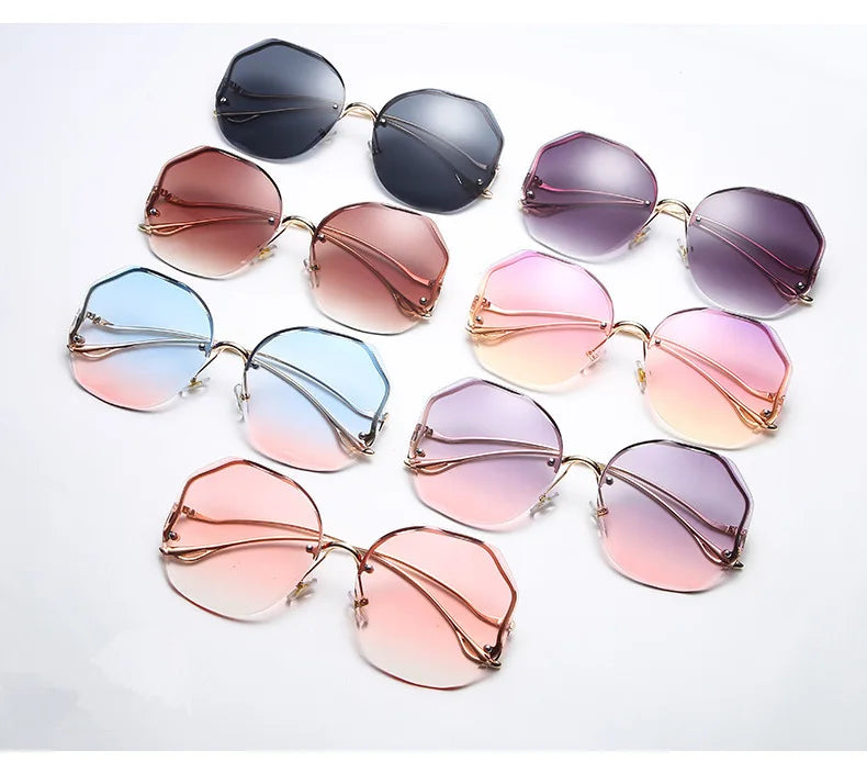 Luxury Round Gradient Sunglasses Women Metal Curved Temples Eyewear Ocean Rimless Fashion Sun Glasses Ladies UV400