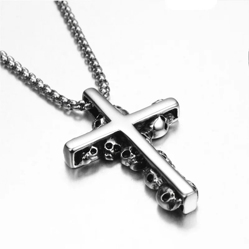 Hip Hop Multi Skull Cross Pendant Necklace For Men Women Stainless Steel Chain Punk Rock Rapper Unisex Jewelry Gifts