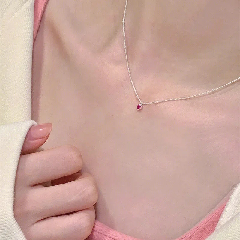 925 Sterling Silver Necklace Pendant For Women Jewelry Love Necklace Small Mini Red Heart Pendant Simple Heart Shaped Collar