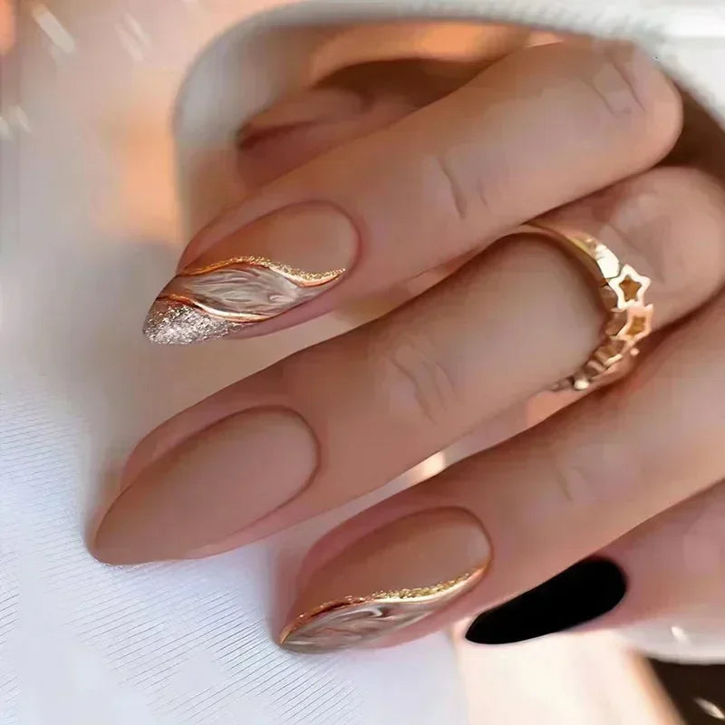 24pcs winter fall leaves brown black false nails with almond French artificial nails with glue short stiletto fake press on nail