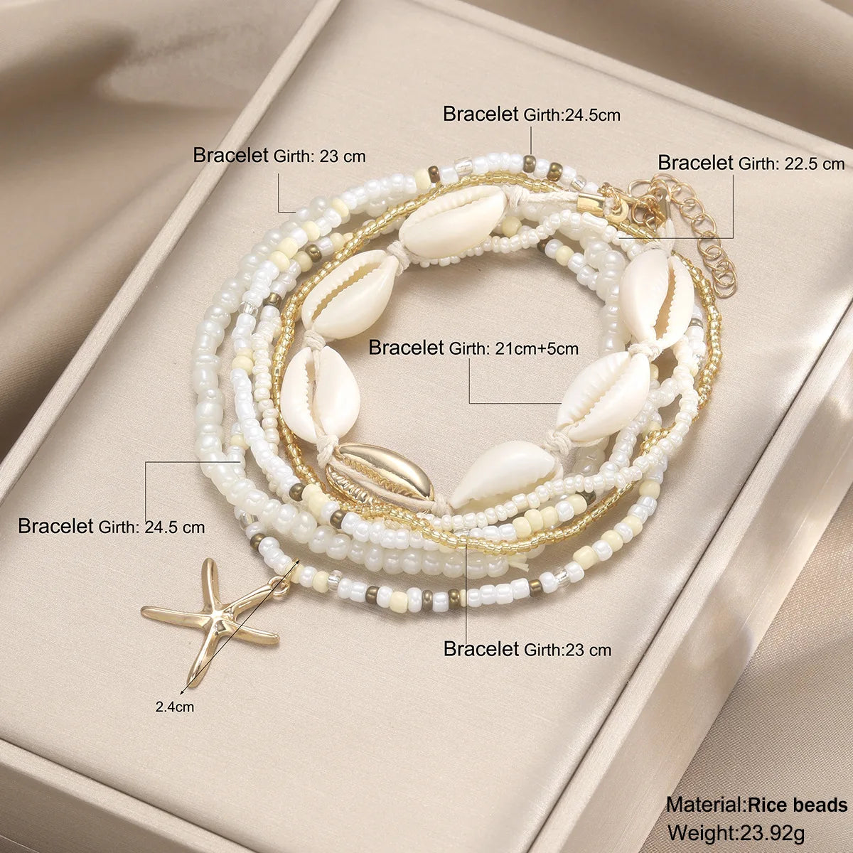 7PC/set Shell Starfish Pendant Rice Beads Beaded Women's Ankle Chain or Bracelet Summer Fashion Multi-layer Vintage Jewelry 도매