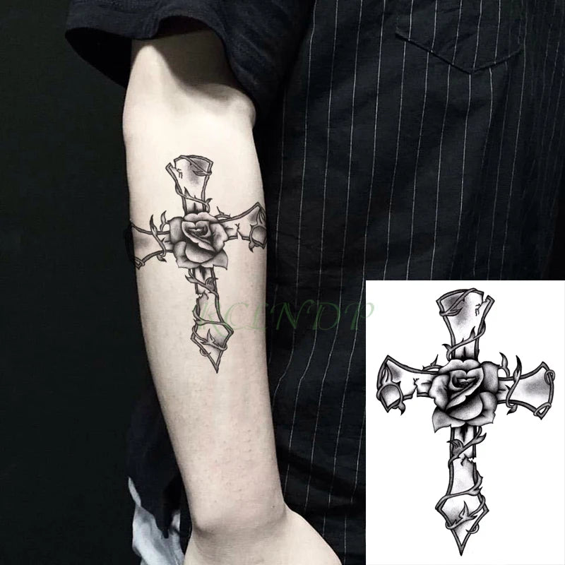 Waterproof Temporary Tattoo Sticker Neck Black Gothic Punk Devil Bull Cross English Letters Flash Tatoo Fake Tatto for Woman Men