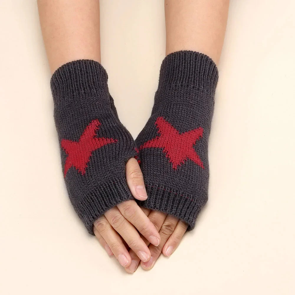 2024 Y2k Knitted Gloves Half Finger Star Gloves Winter Warm Woolen Pentagram Soft Hand Fingerless Emo Gloves Preppy Mittens