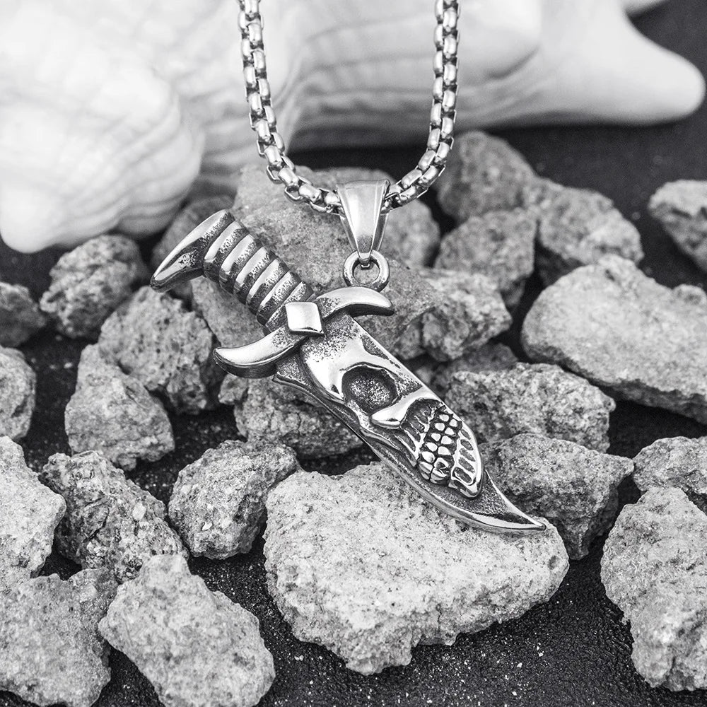Men's Necklace Stainless Steel Dagger Skull Pendant Vintage hip-hop Jewelry Silver Color Male Neck Chain Punk Jewelry Wholesale