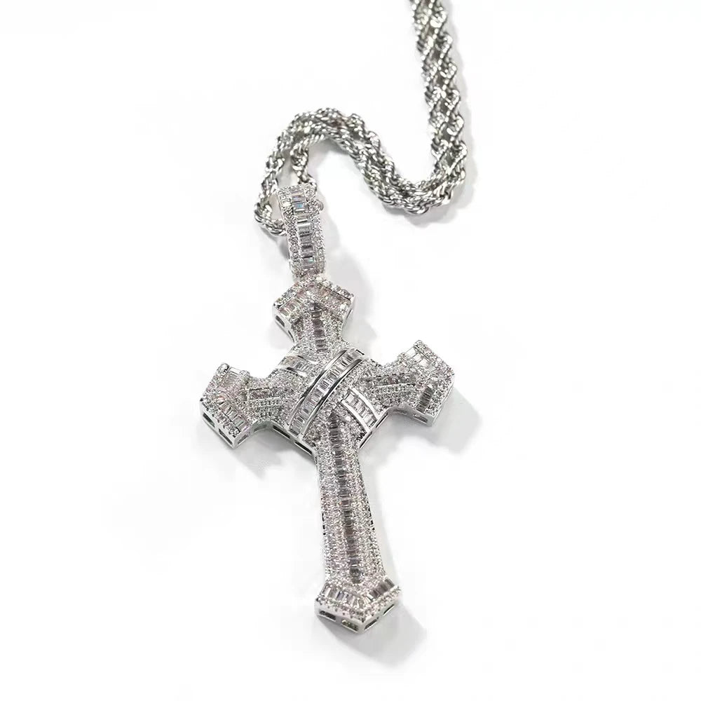 Shiny Ice Crystal Zircon Christian Cross Pendant Men and Women Hip Hop Trend Jewelry Catholic Amulet Necklace