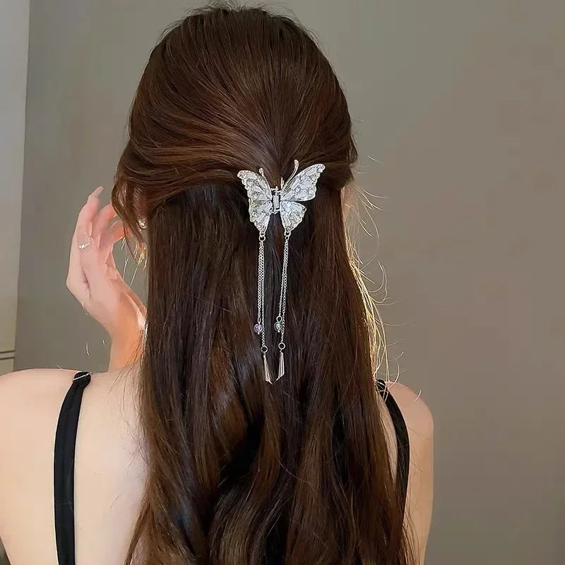 Crystal Butterfly Hair Claw Crab Clip for Women Girls Alloy Tassel Hair Clips Shark Clip Hair Accessories