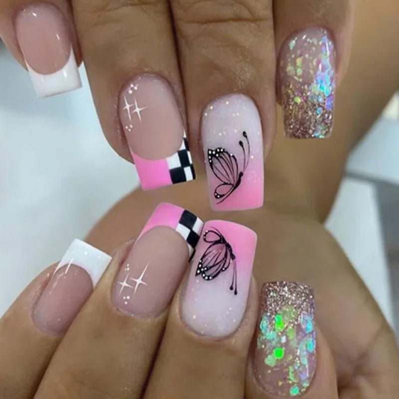 24Pcs Long Coffin Press on Nail Autumn Winter False Nails Glitter Diamond Stick on Nails French Ombre Full Cover Ballet Nail Art