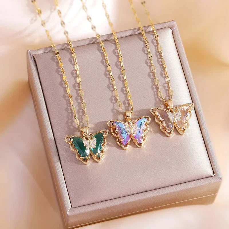 Micro-inlaid Crystal Butterfly Necklace Fashion European American Style Cute Classic Light Luxury Transparent Clavicle Chain