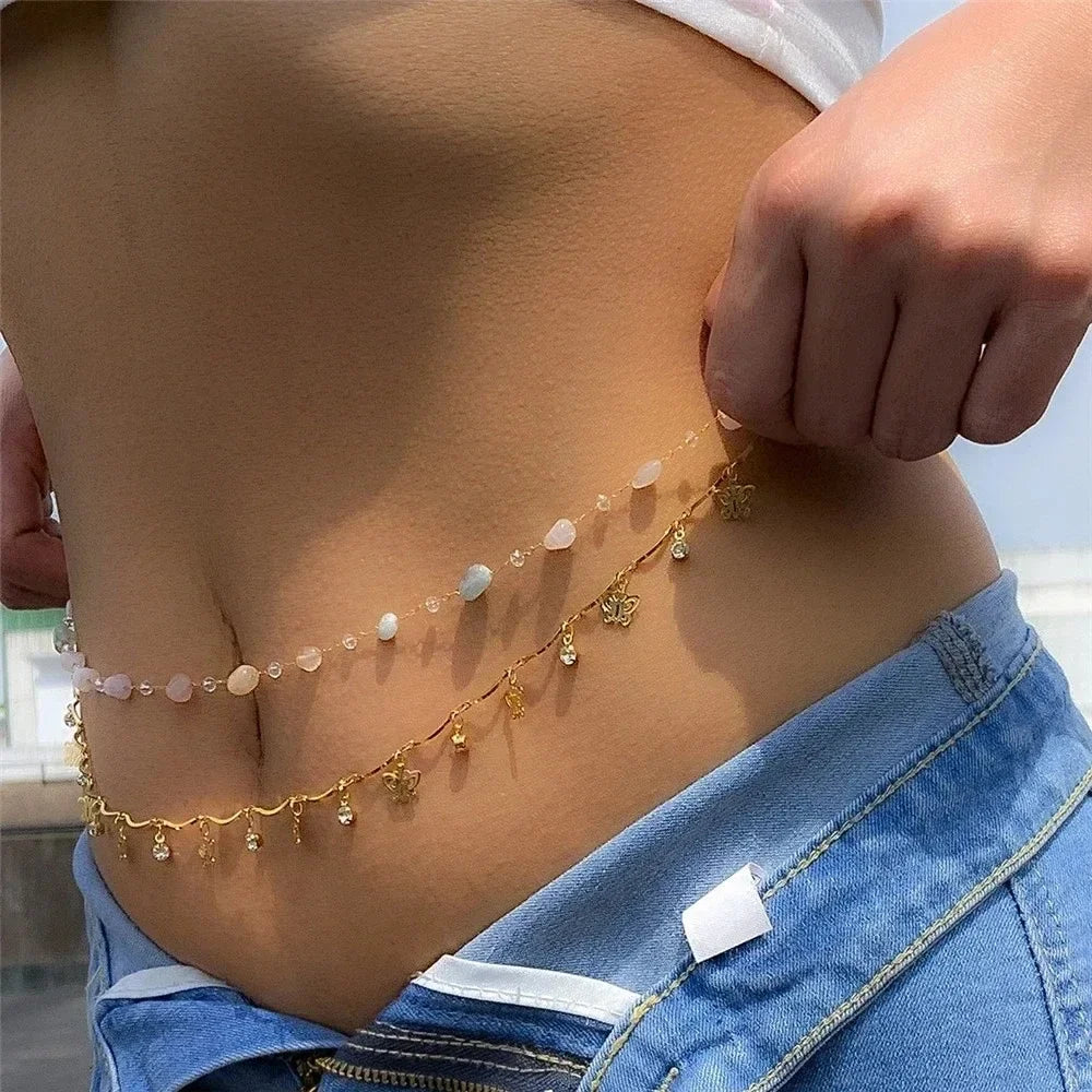 Sexy Double Layer Colorful Stone Chain for Women Crystal Butterfly Waist Bead Belly Chain Belly Belt Summer Beach Body Jewelry