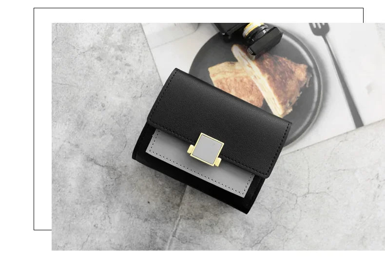 Patchwork Short Women's Wallet Fashion Square Clutch Money Credit Multiple Card Holders Metal Buckle Tri-Fold Ladies Coin Purse