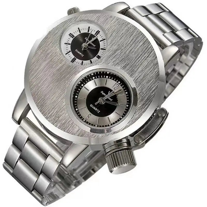 YIKAZE Luxury Quartz Men's Watches Punk Style Dual Dial Business Men Wristwatch Stainless Steel Strap Waterproof Military Watch