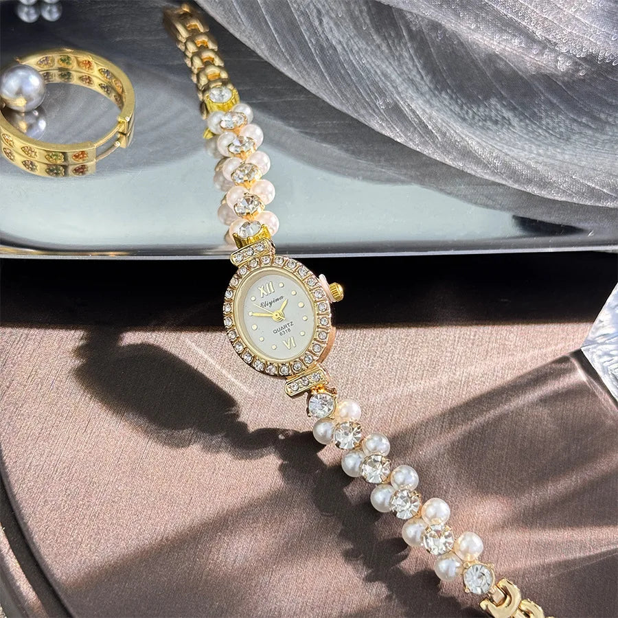 New Hot Pearl Bracelet Watch Luxury Diamond Encrusted Women Quartz Watch Oval Dial Ladies Wristwatches Dropshipping clock