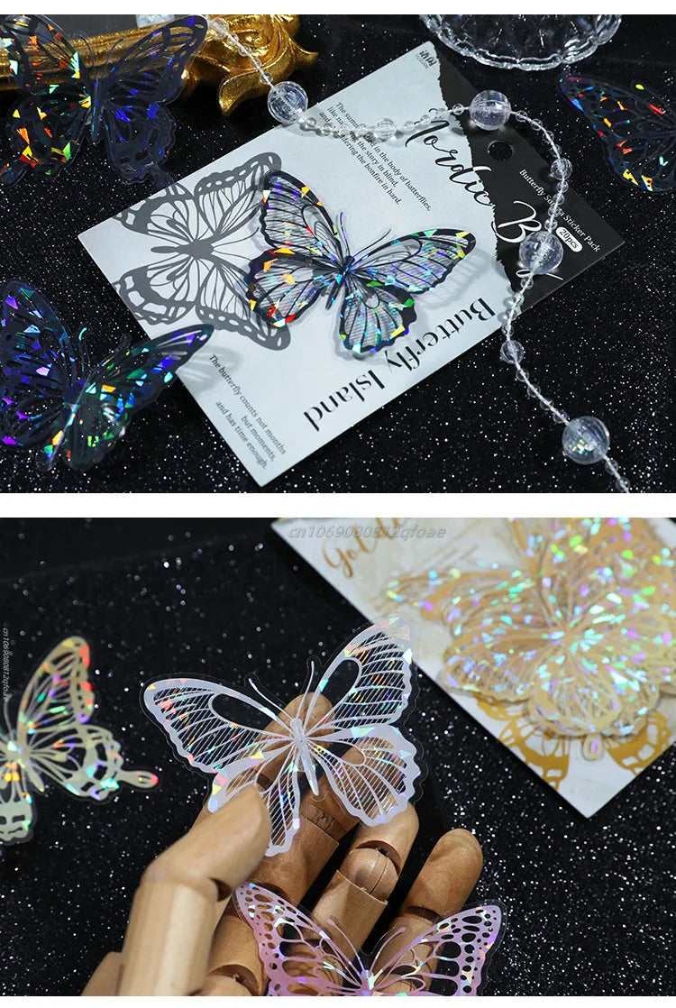 20pcs PET Butterfly Transparent Silver Color Stickers, Holographic Laser Decals for Luggage Laptop Phone Case Mug Decoration