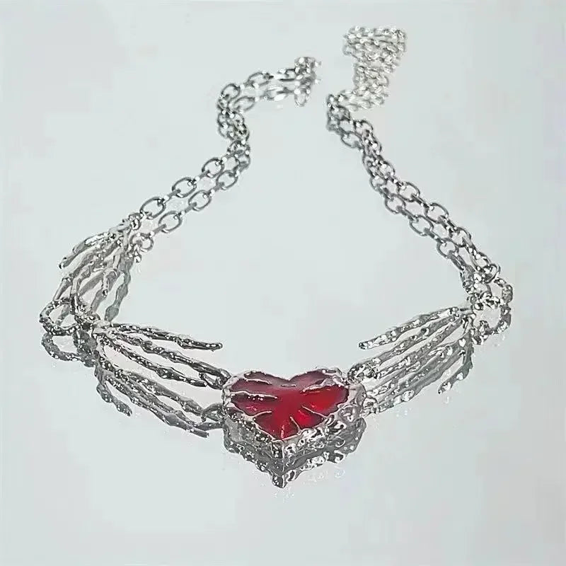 New Red Love Heart Pendant Necklace Women Exaggerated Clavicle Chain Niche Design Hand Bone Shape Charm Chain