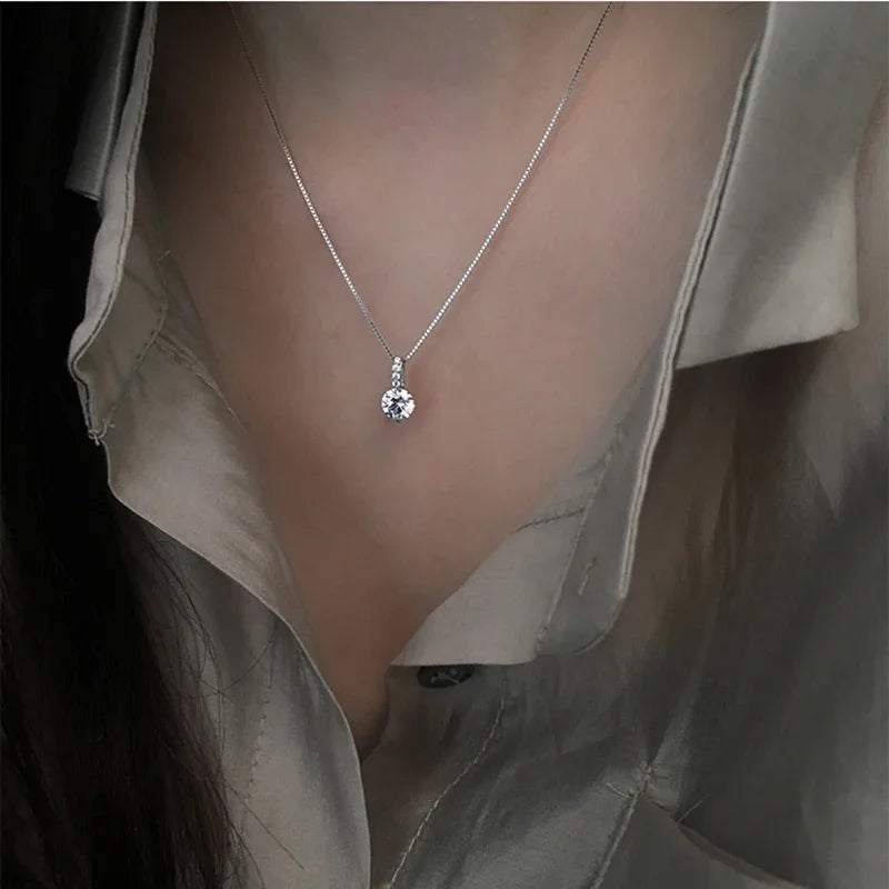 Silver Color Single Zircon Necklace for Women Clavicle Chain Silver Color Jewelry Choker