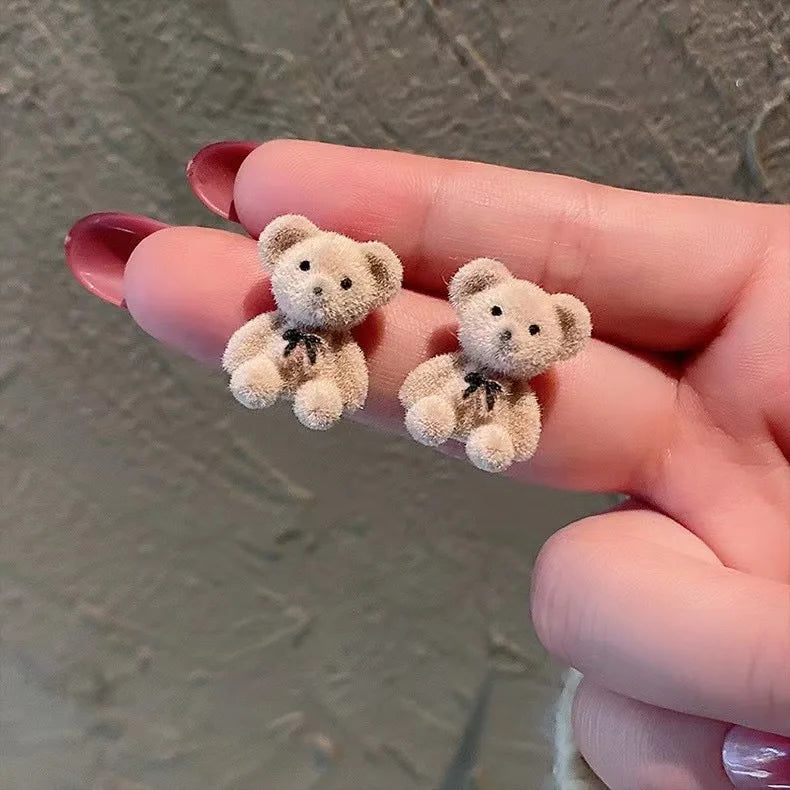 Cute Flocking Plush Bear Stud Earrings Kawaii Brown Khaki Animal Earrings for Women Girls Korean Earring Jewelry