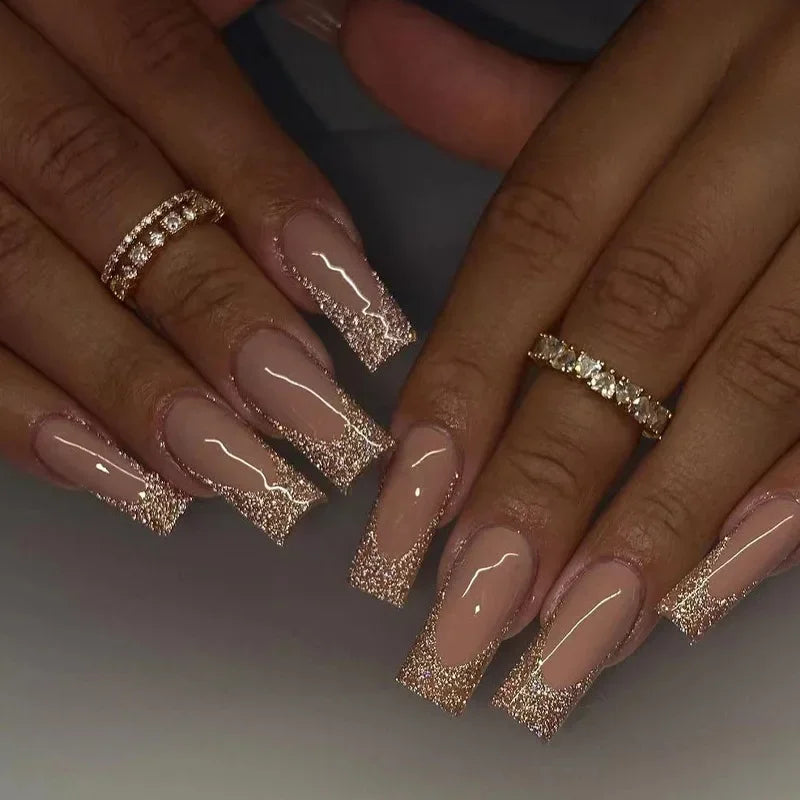 24Pcs Long Coffin Press on Nail Autumn Winter False Nails Glitter Diamond Stick on Nails French Ombre Full Cover Ballet Nail Art