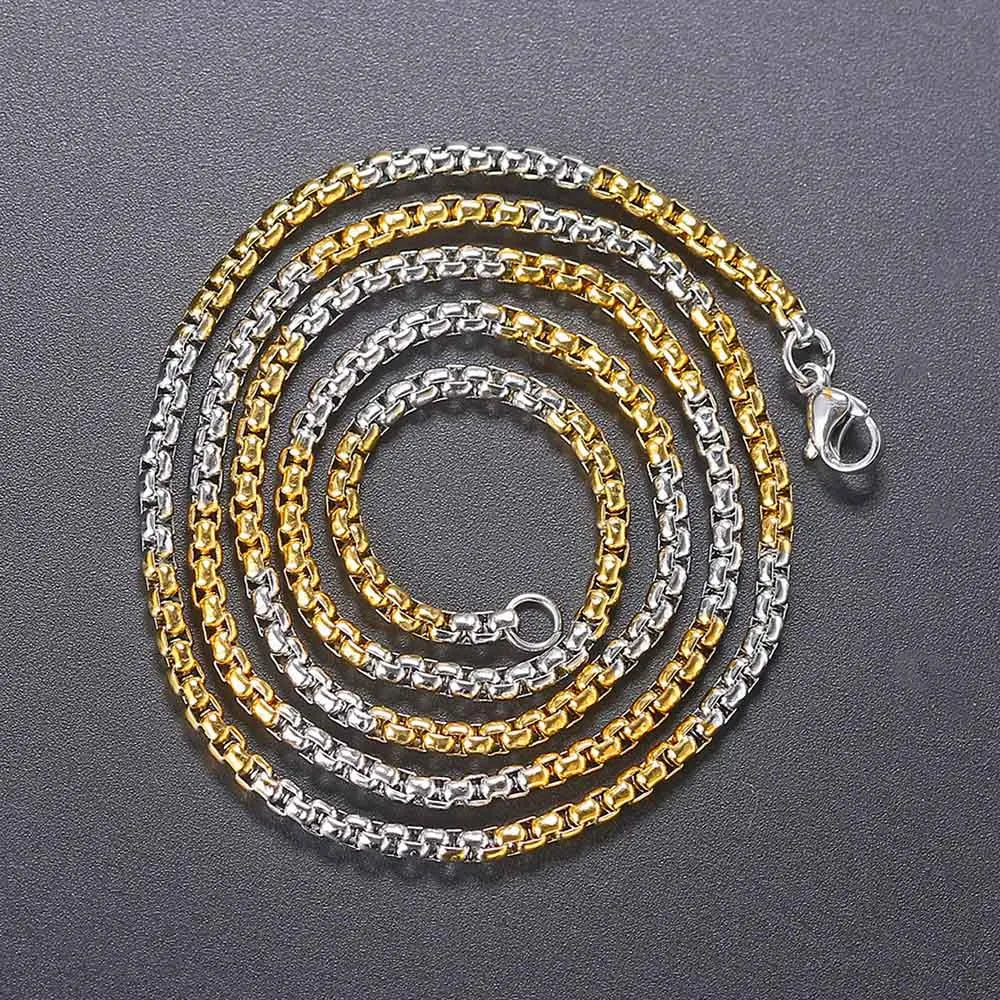 Stainless Steel Round Box Chain For Men Boys Square Rolo Necklace Women Hip Hop Jewelry Gifts Width 3mm Length 60cm C021