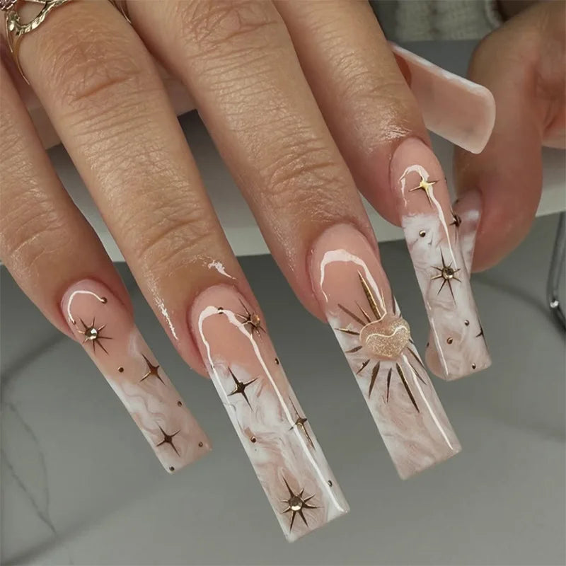 24Pcs Sweet Cool Spice Girl Press on Nails Black French Bow False Nails Y2k Star Glitter Diamond Nail Long Square Gel Fake Nails