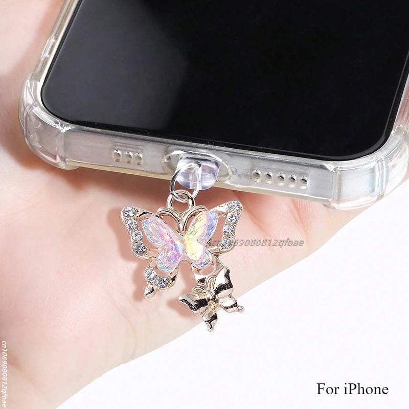 Mobile Phone Dust Plug Pendant New Butterfly With Artificial Pearls And Diamonds Accessory Decoration For iPhone Type-c Port