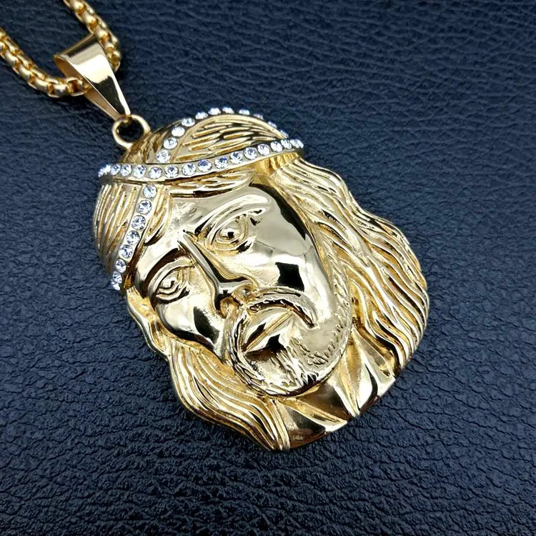 Christian Iced Out Bling Jesus Head Portrait Necklace Pendant Male and Female Cross Catholic Amulet Jewelry