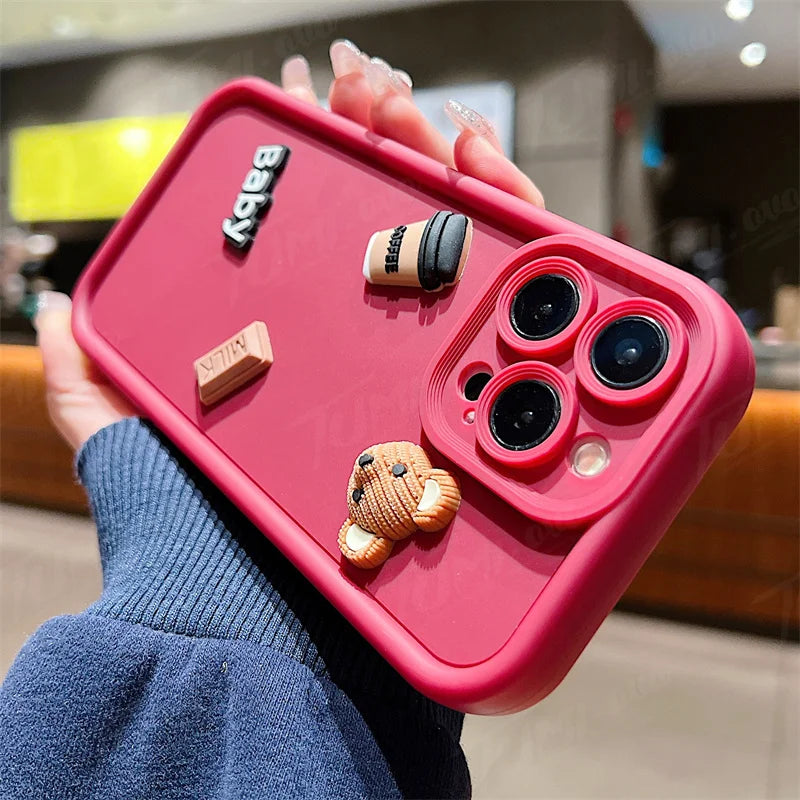 Coffee Bear Shockproof Soft Phone Case For iPhone 15 14 13 12 11 Pro Max X XR 7 8 Plus Candy Liquid Silicone Bumper Back Cover