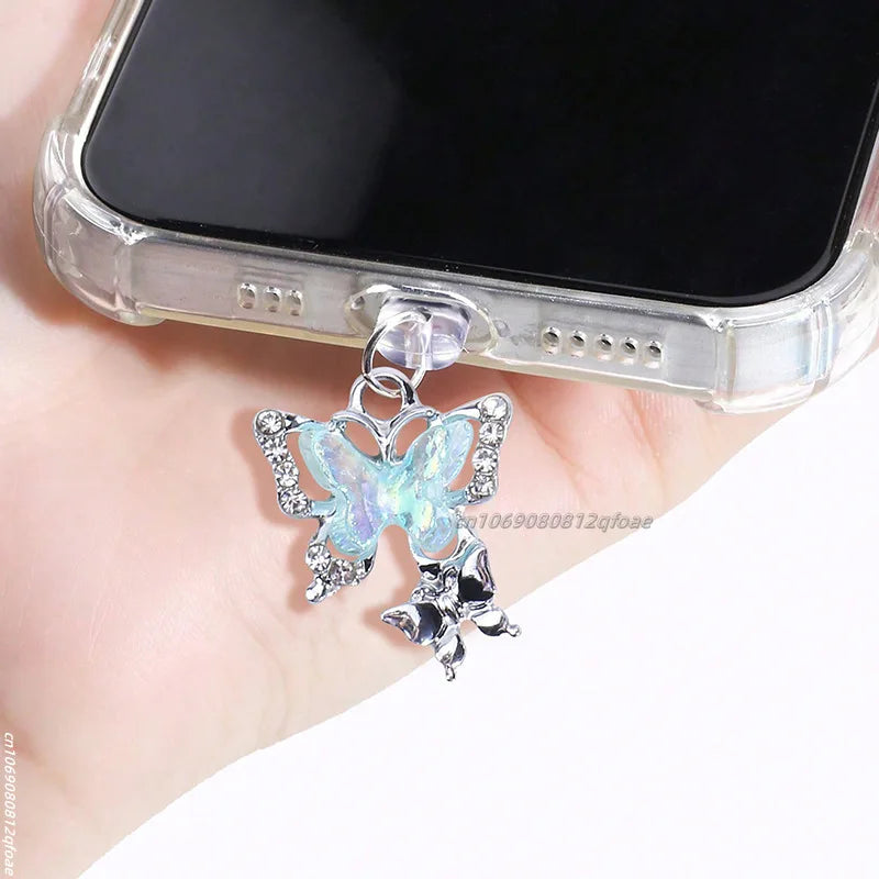 Mobile Phone Dust Plug Pendant New Butterfly With Artificial Pearls And Diamonds Accessory Decoration For iPhone Type-c Port