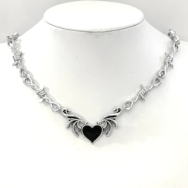 Aesthetic Goth Devil Heart Barbed Wire Choker Necklace Punk Hip Hop Jewelry Y2K Vampire Little Thorns Chain Choker Gift
