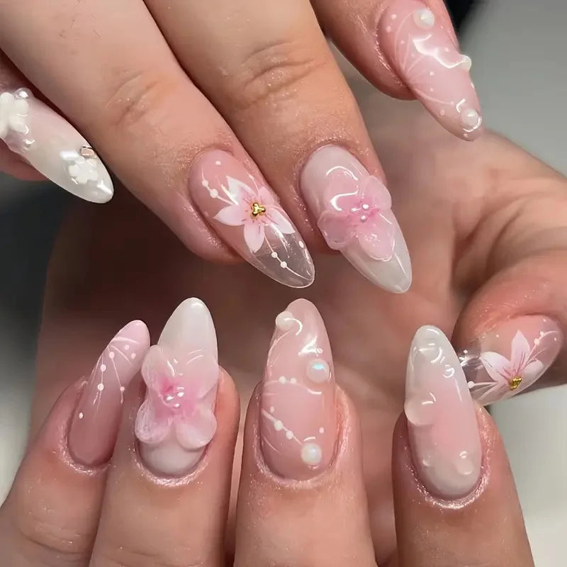 24Pcs 3D Flower Almond Nail Set Press on Nails with 3D Wave Drill False Nails French Tip Full Cover Artificial Nails Art Tips