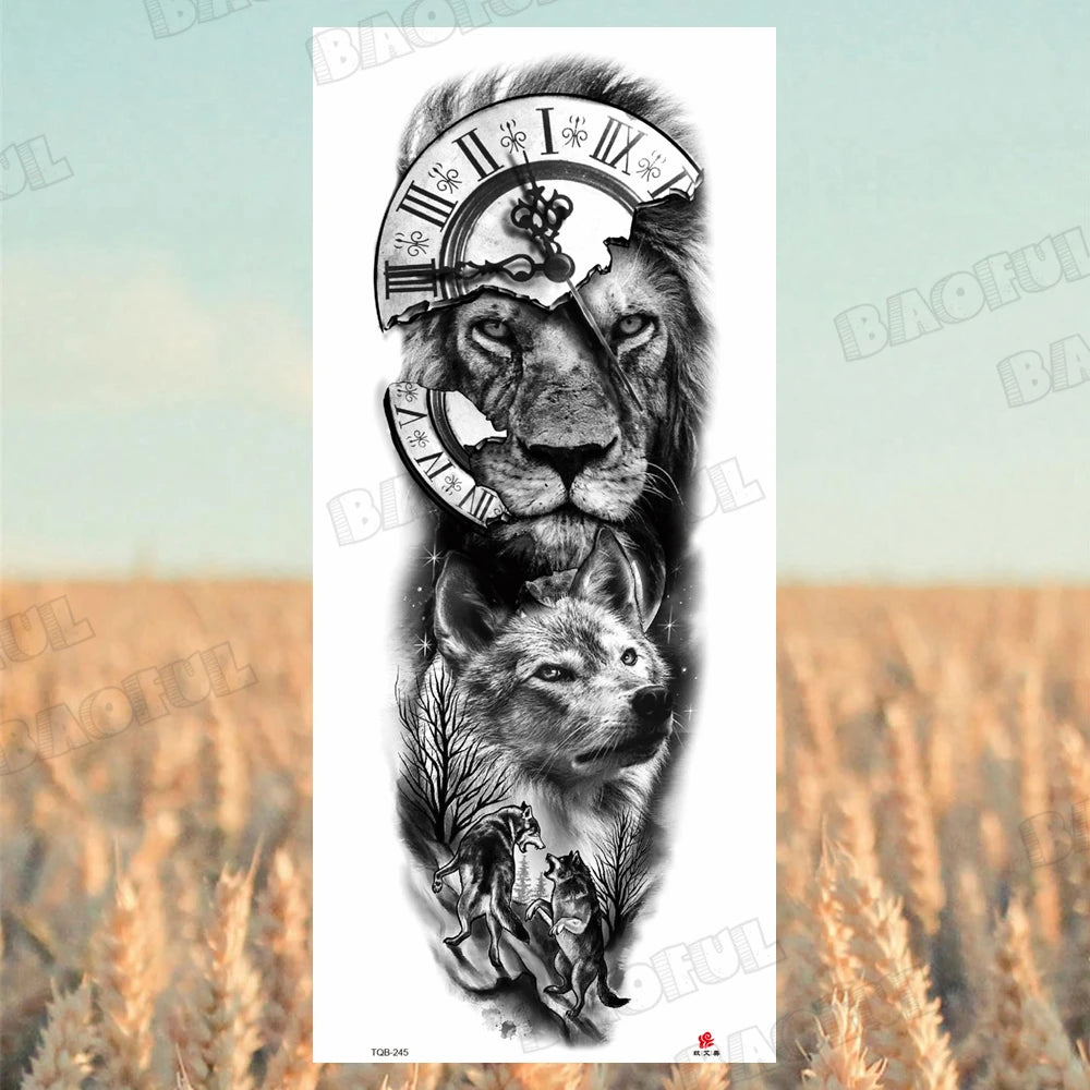 Arm Sleeve Temporary Tattoos For Women Men Realistic Wolf Lion Rosette War Maori Flower Fake Tattoo Stickers Sexy Thigh Tatoos