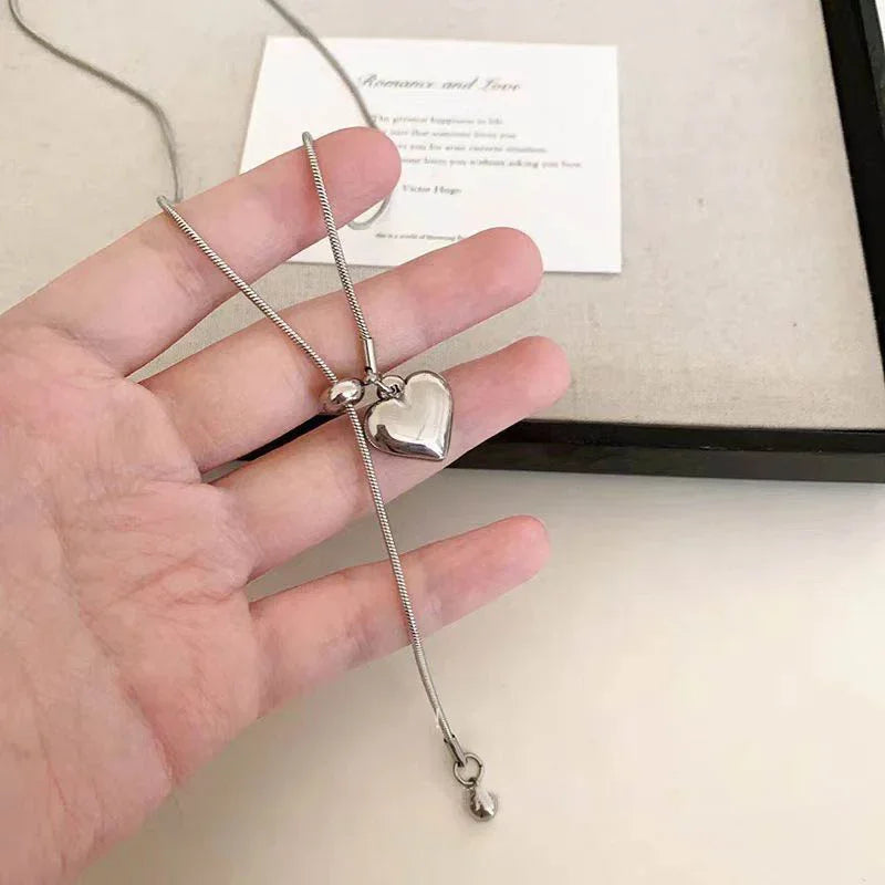 Minimalist Stainless Steel Long Necklace with Heart Pendant Adjustable Sweater Chain Luxury Neck Jewelry for Women Accessories