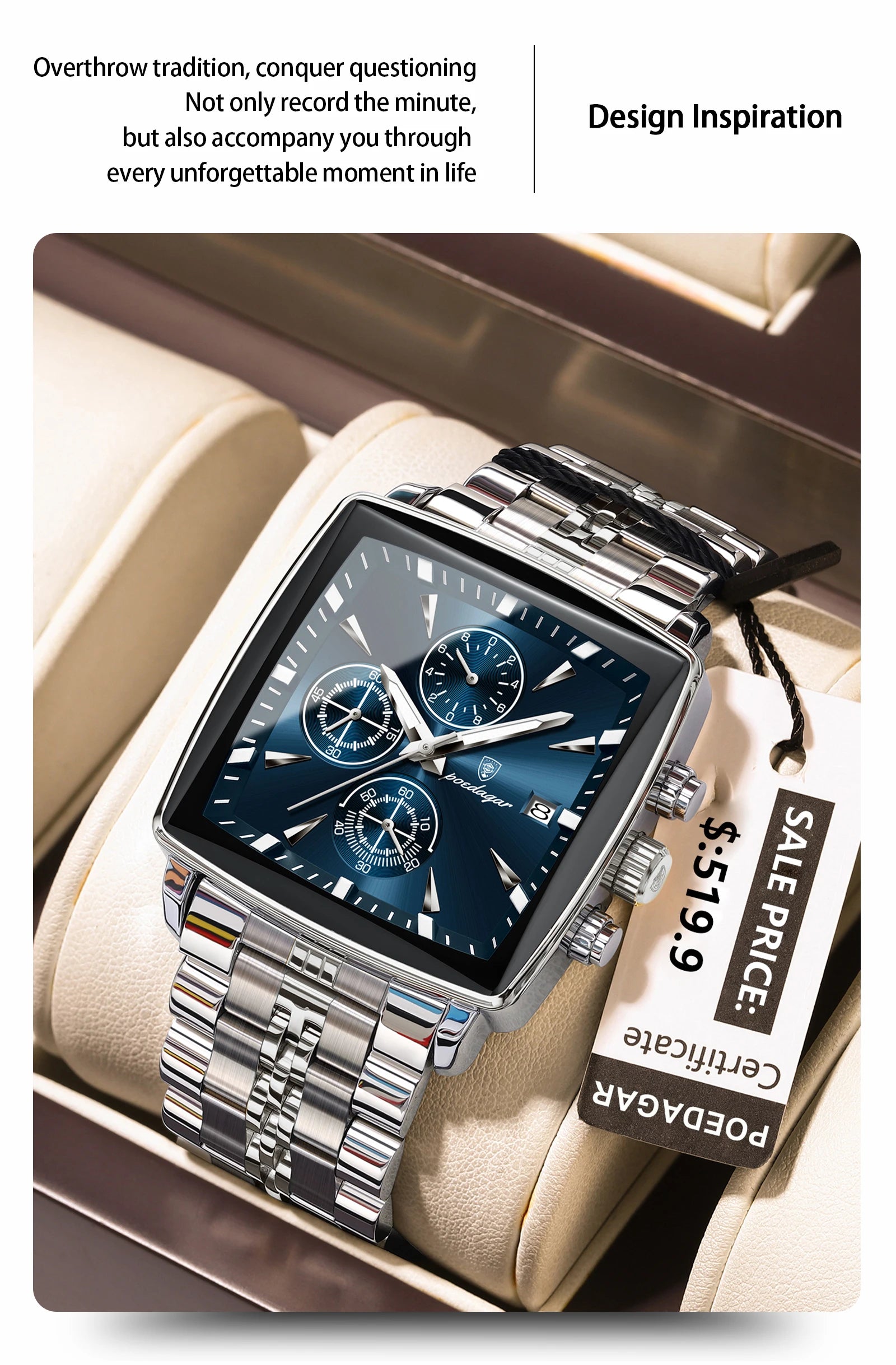 POEDAGAR Square Men Watch Waterproof Luminous Chronograph Calendar Man Wristwatch Stainless Steel Quartz Men's Watches+Box Reloj