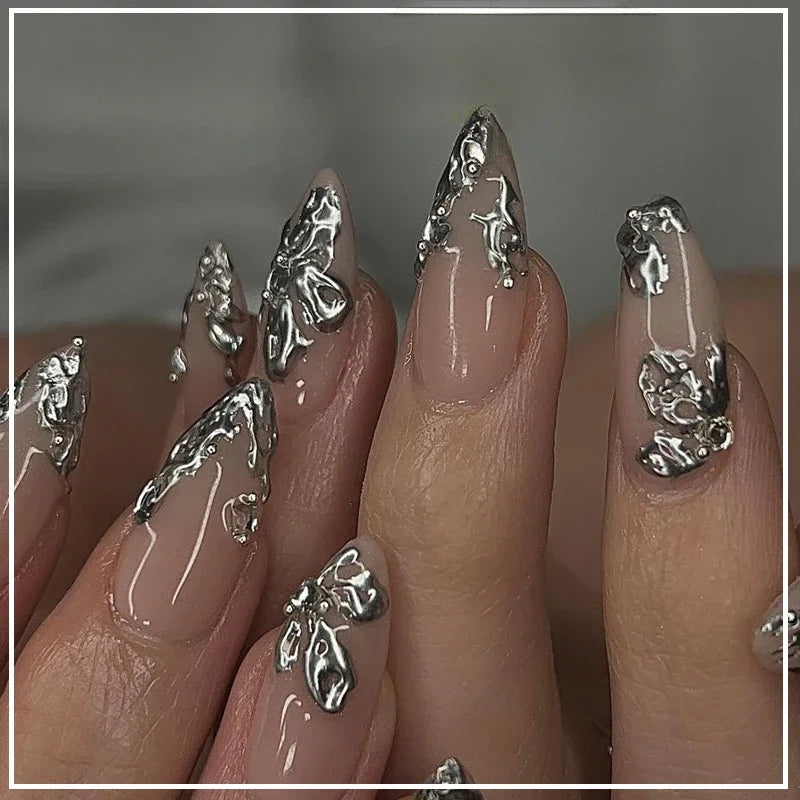 24Pcs Sweet Spice Girl Almond Press on Fake Nails Sun Star Eye False Nails Full Cover Gold Chrome Powder Artificial Nail Art Tip