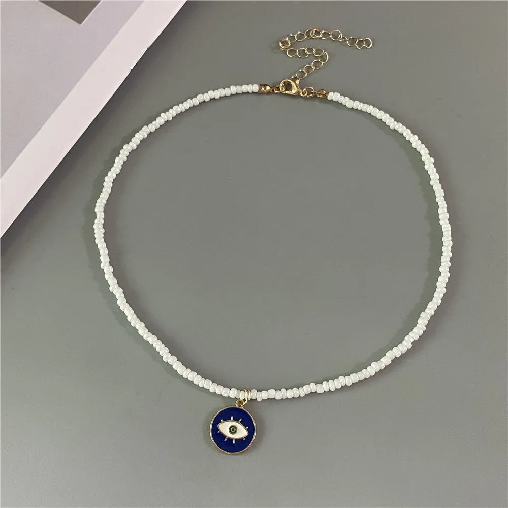 Lucky Handmade Necklace Popular Turkeky Eye Pendant Choker Colorful Rice Beadds Neck Jewelry